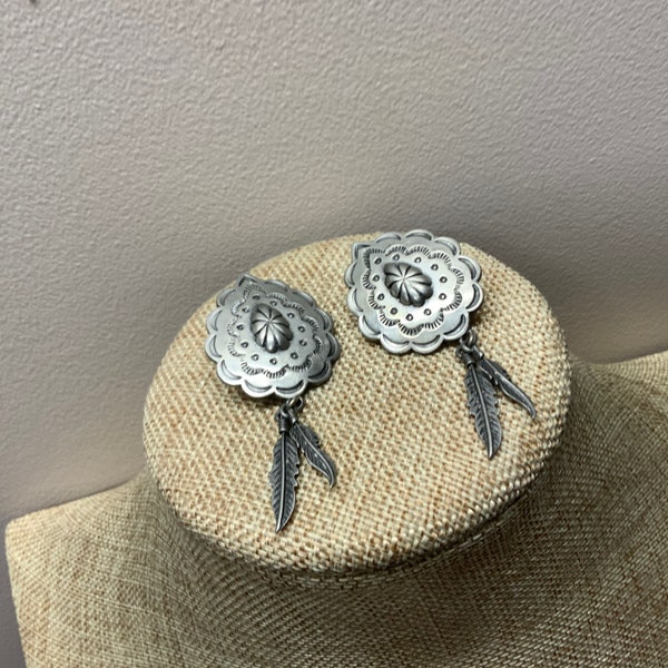 Signed JJ antique silver pierced Concho feather earrings