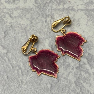 Vintage purple  enamel maple leaf clip on earrings