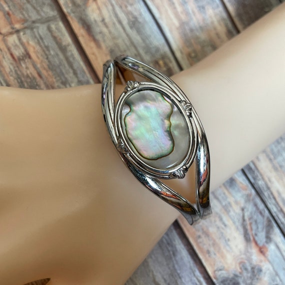 Abalone shell silver tone cuff bracelet - image 2