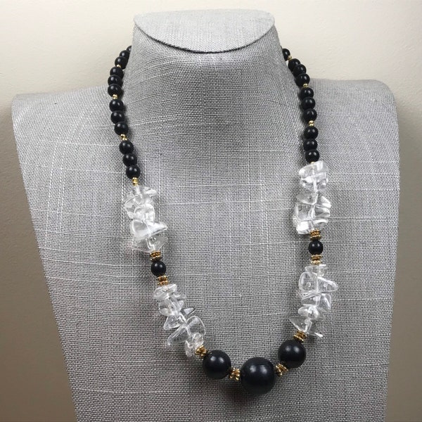 Vintage Lucite black and gold and clear plastic bead necklace faux gemstone