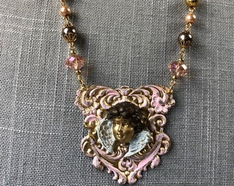 Shabby pink Victorian angel necklace crystal and pearl beads religious Christmas jewelry