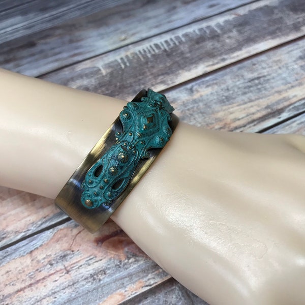 Handmade Rustic antique brass aqua patina cuff bracelet