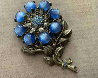 Depression Era Blue Moonstone Glass Dress Clip Pot Metal Rhinestone Flower 1930s