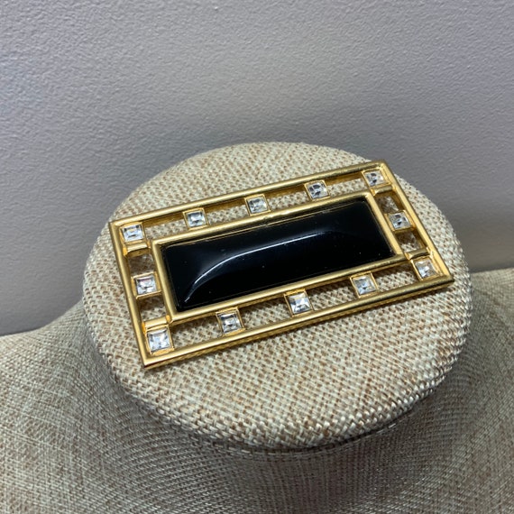 Monet black rhinestone rectangle brooch in gold t… - image 1