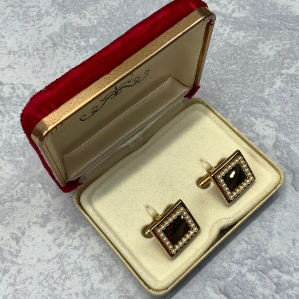 Rectangular swank pearl and gold plate cufflinks