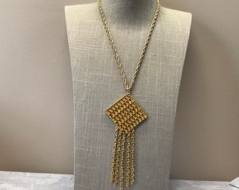 Vintage bright gold diamond filigree tassel necklace