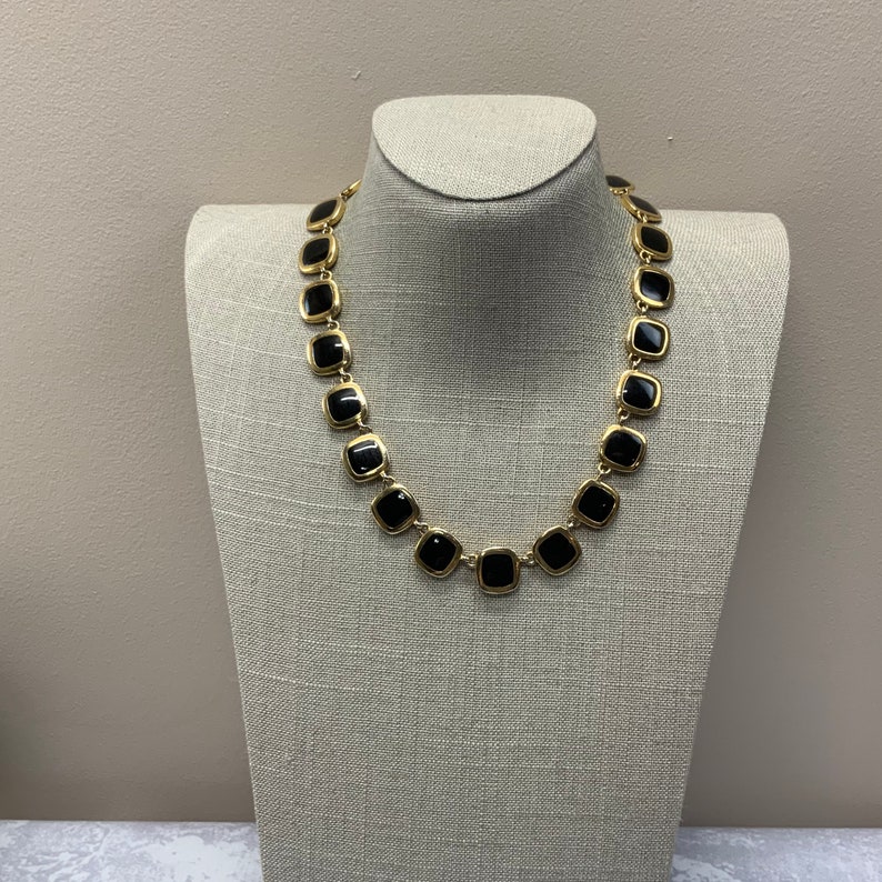 Reversible geometric cream and black enamel square link chain necklace