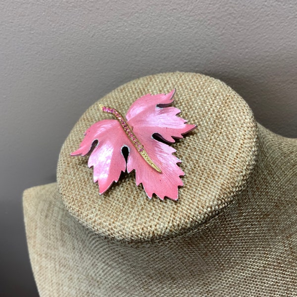 Mid century Vintage pink rhinestone maple leaf brooch