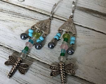 Handmade antique silver dragonfly chandelier earrings frosted glass seed beads lever back earrings blue and green dangke earrings