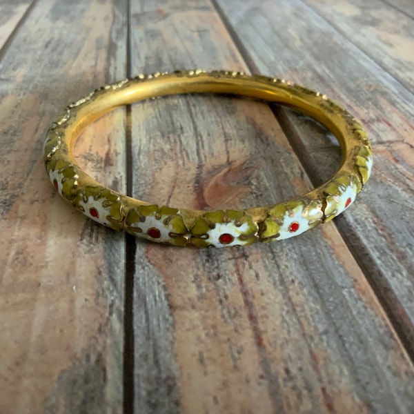 Vintage brass raised Cloisonné enamel yellow and red floral bangle bracelet