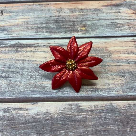 Vintage red and gold poinsettia tack pin brooch - image 6