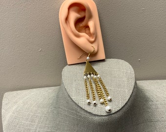 Vintage gold tone faux pearl triangle tassel earrings