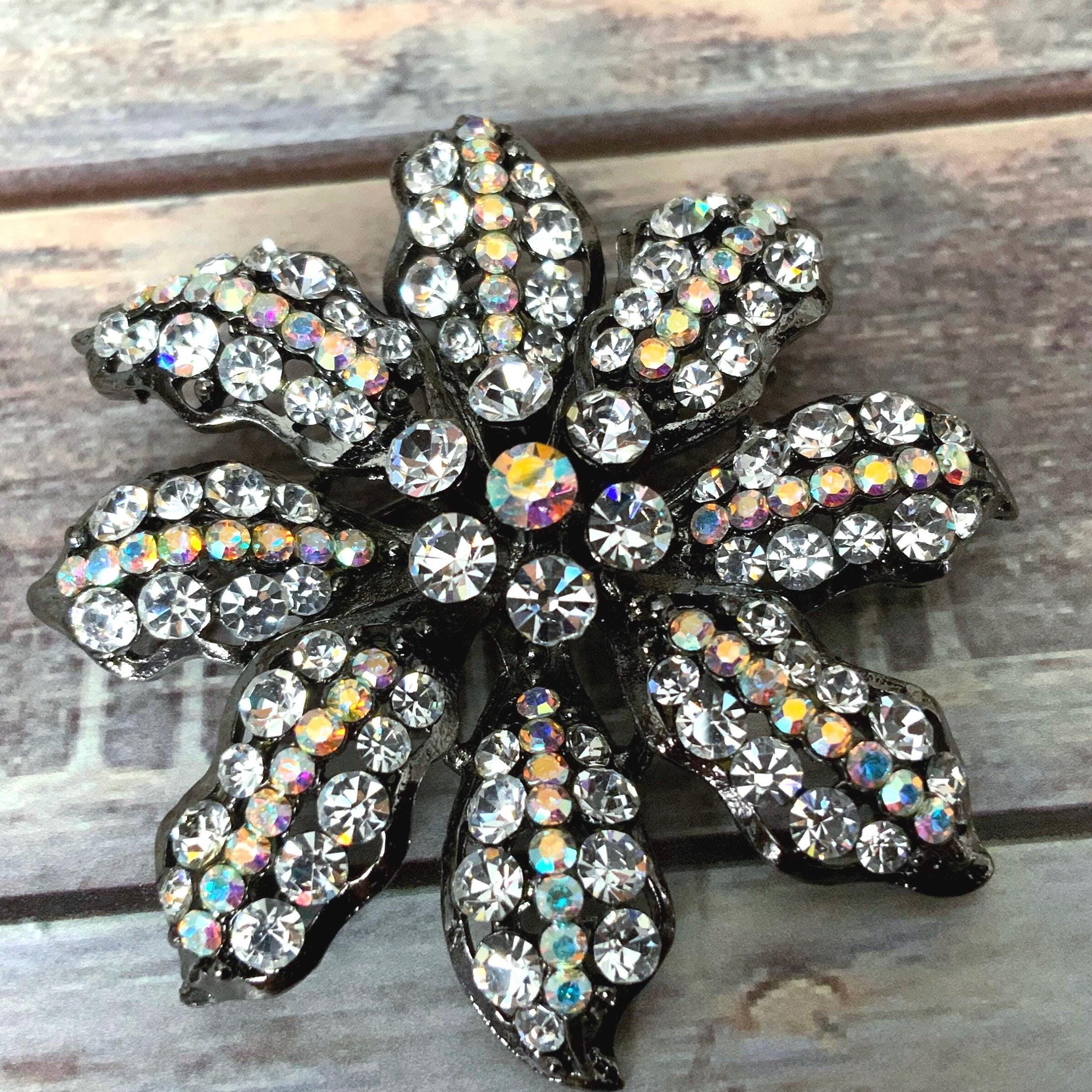Gunmetal AB Rhinestone Flower Brooch Sparkly Statement Floral Pin