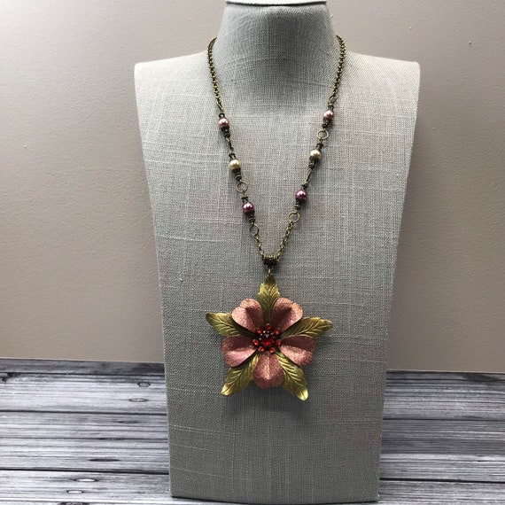 Handmade Rust Red Brass Daisy Flower Necklace With Pearl Chain - Etsy