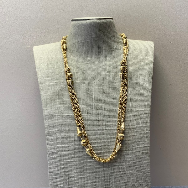 Vintage gold tone metal beaded multi-chain long layered necklace