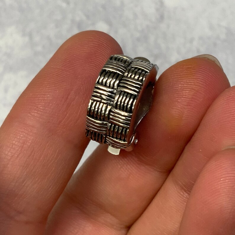 Silver tone basket weave half hoop clip on earrings