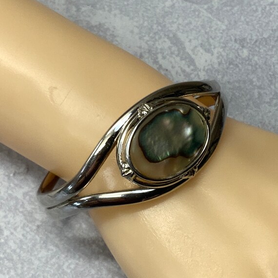 Abalone shell silver tone cuff bracelet - image 3