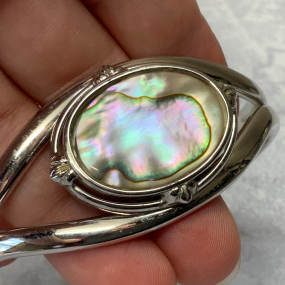 Abalone shell silver tone cuff bracelet - image 7