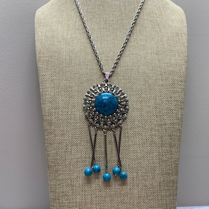 Vintage 1970s ACT II faux turquoise beaded bar tassel necklace in silver tone