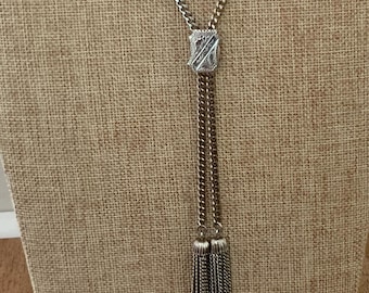 Vintage Silver Tone Tassel Lariat Necklace Etched Slide Bolo Necklace 30 Inch