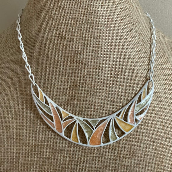 Monet white and Pastel peach enamel bib necklace … - image 1