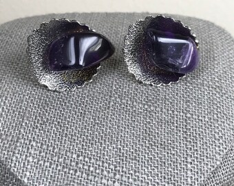 Vintage Amethyst Nugget Silver tone Clip on Earrings