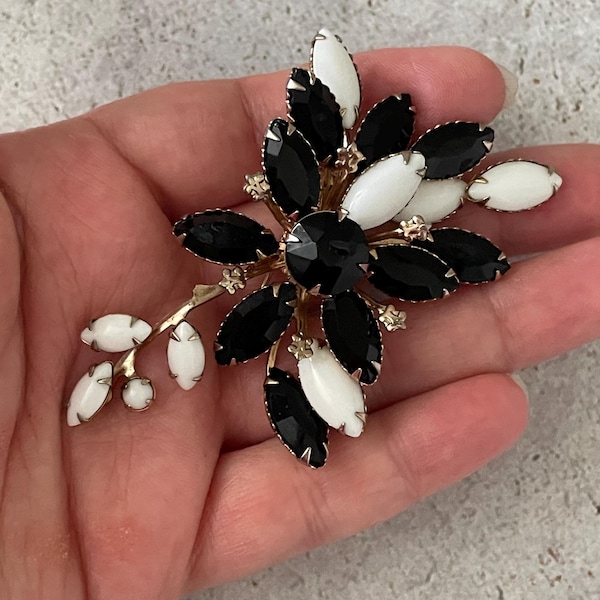 Black White Rhinestone Floral Brooch Vintage 1960s Milk Glass Statement Pin