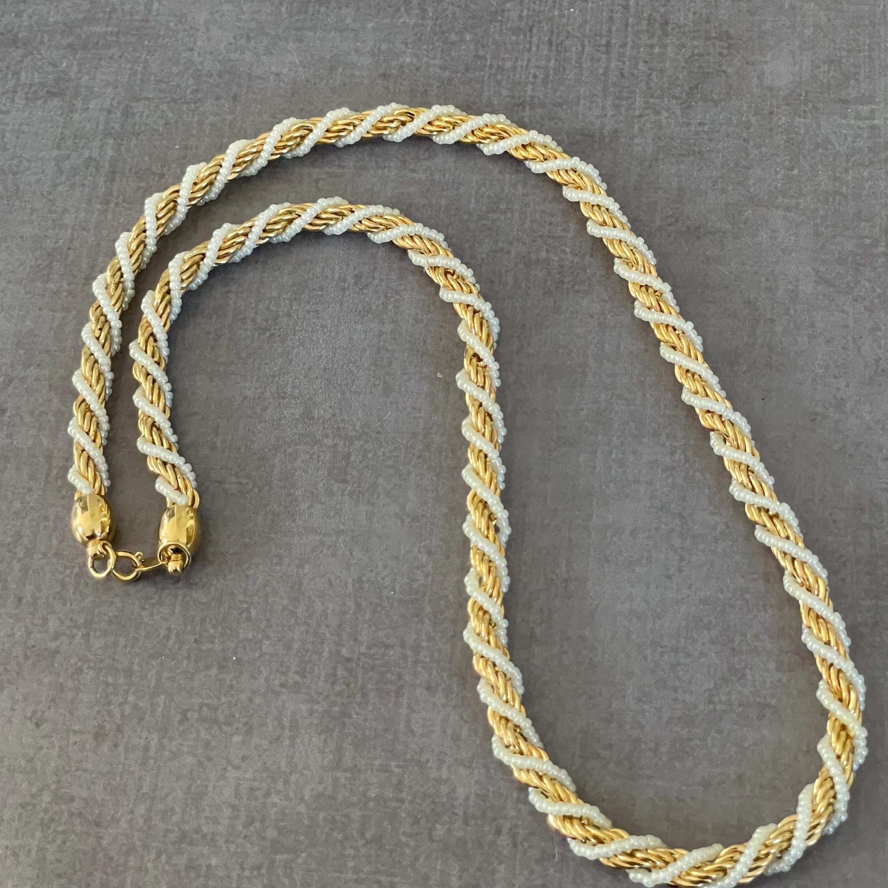 Signed 1980s TRIFARI Twisted White and Gold Rope Chain Beaded