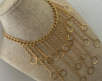 Vintage Gold Tone Fringe Necklace Circle Drop Statement Runway Style Chain