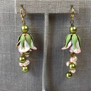 Hand painted cream and pink rose tassel earrings with sage green glass pearls