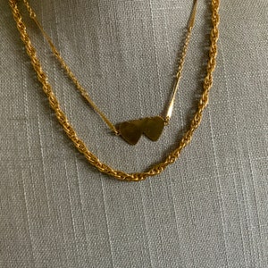 Vintage gold tone double heart rope chain bar chain two strand necklace