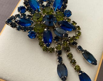 Vintage Blue Green Rhinestone Dangle Brooch Juliana Style Floral Statement Pin Silver Tone 1950s