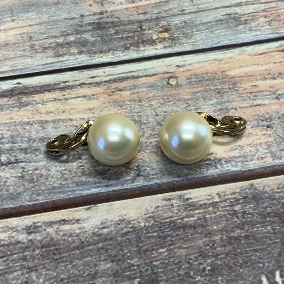 Monet white faux pearl single bead clip on earrin… - image 2