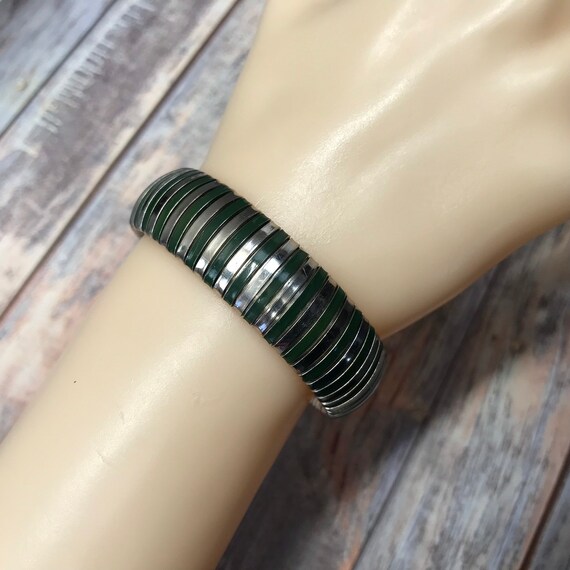 Vintage Silver tone and olive green enamel expans… - image 1