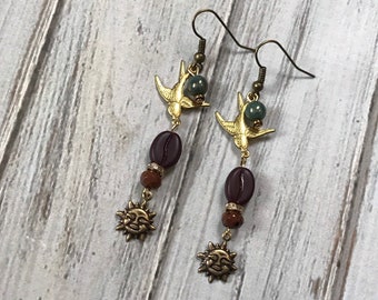 Handmade brass early bird cofee bean earrings with sun face charm