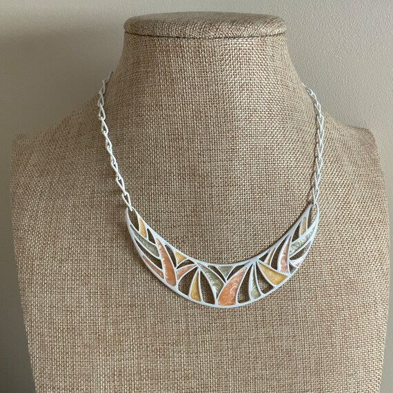 Monet white and Pastel peach enamel bib necklace … - image 2