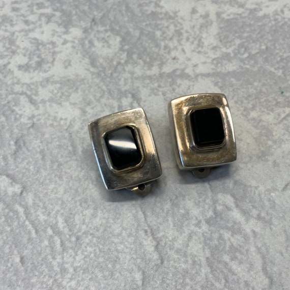 Black nephrite jade rectangular clip on earrings … - image 4