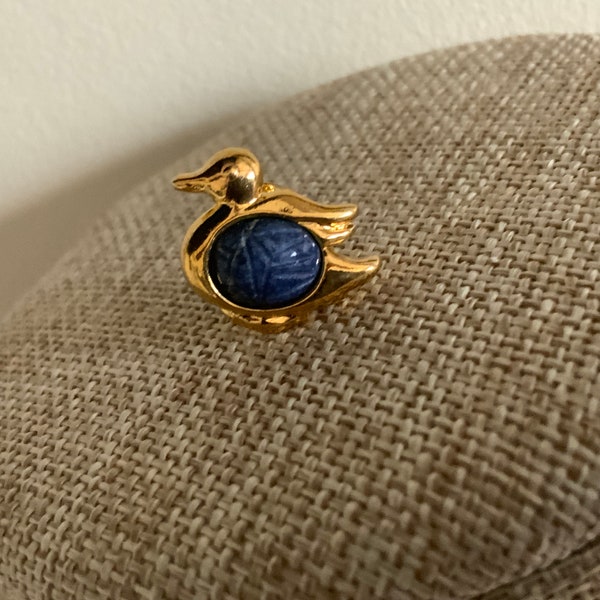 Gold plated carved lapis scarab duck tack pin brooch