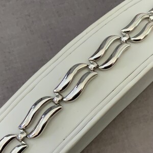 Vintage Monet Silver Wave Link Bracelet Signed Mid Century Modern