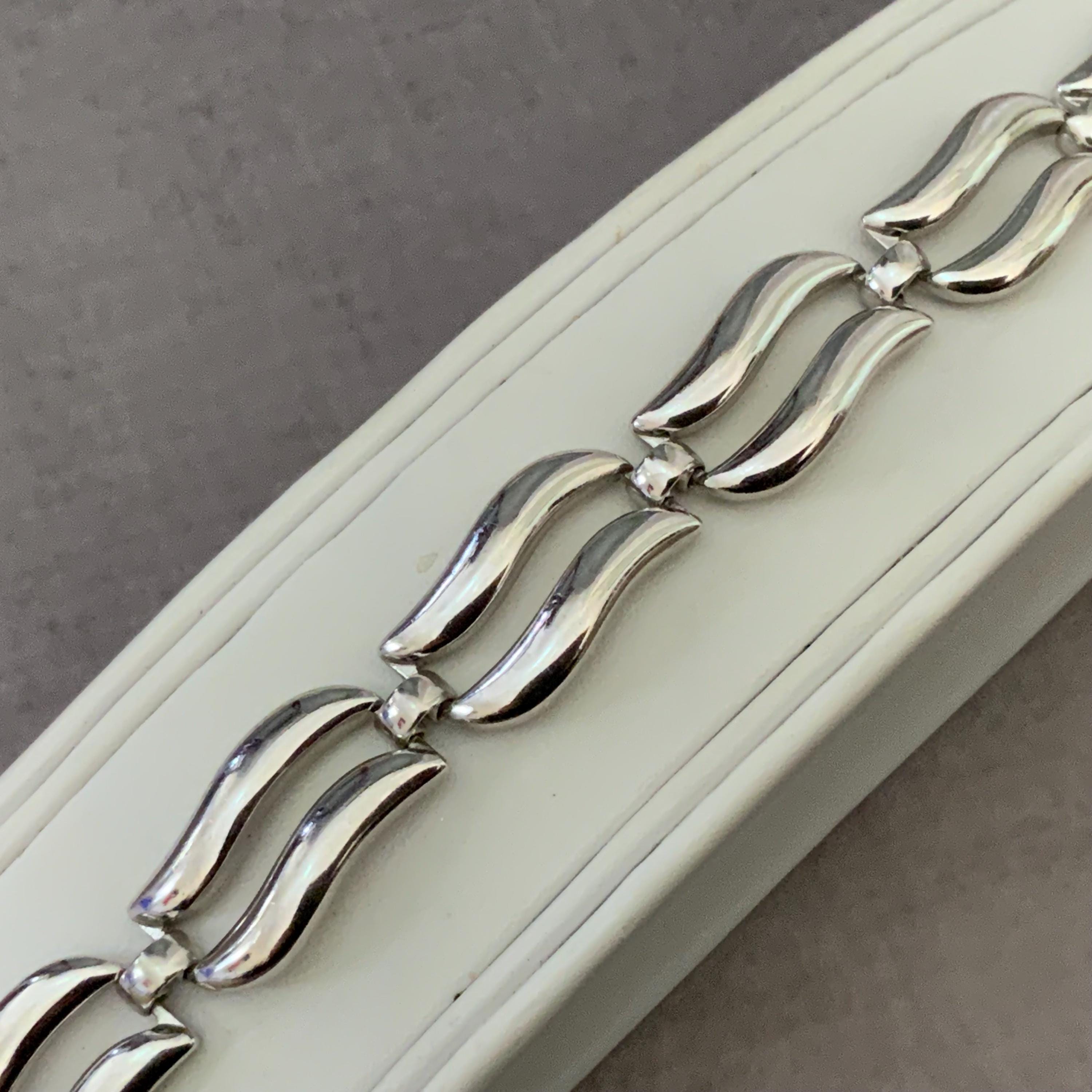 Vintage Monet Silver Wave Link Bracelet Signed Mid Century Modern
