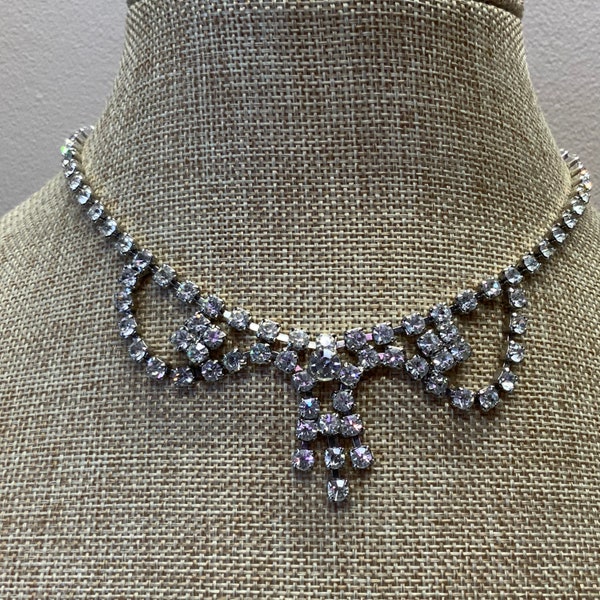 Vintage rhinestone silver tone 50s choker necklace formal prom