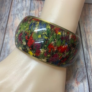 Artistic colorful splatter wide brass bangle bracelet