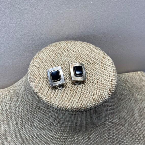 Black nephrite jade rectangular clip on earrings … - image 5