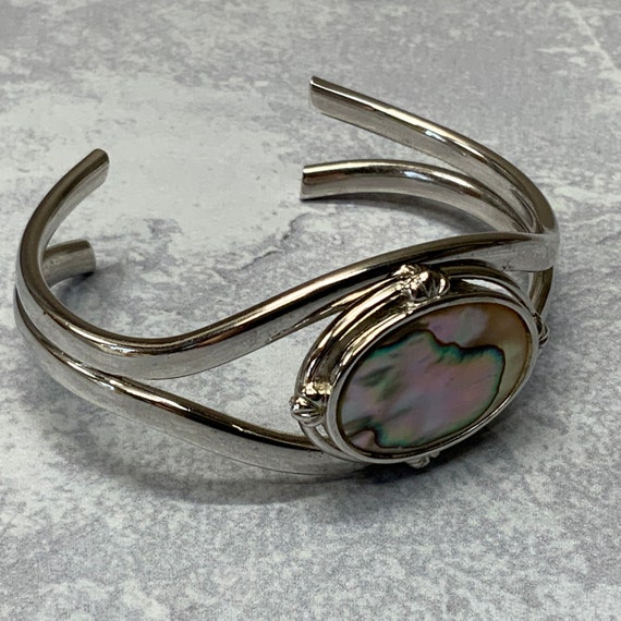 Abalone shell silver tone cuff bracelet - image 8