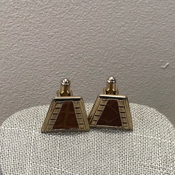 Vintage Gold Tone Crocodile Leather Cufflinks: Mid Century Modern Mens Accessories