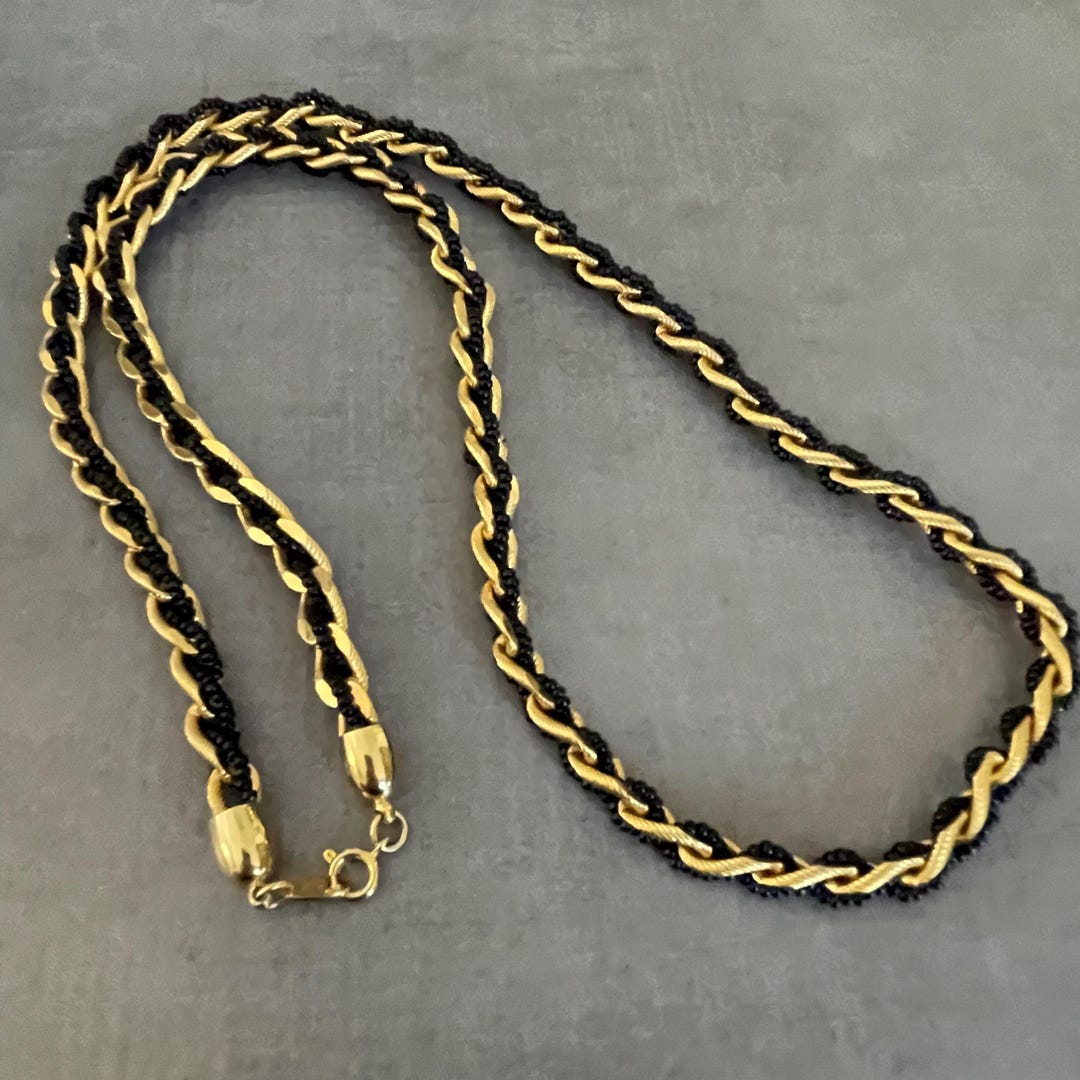 Vintage Trifari Black and Gold Chain Necklace Woven Link 80s Statement ...