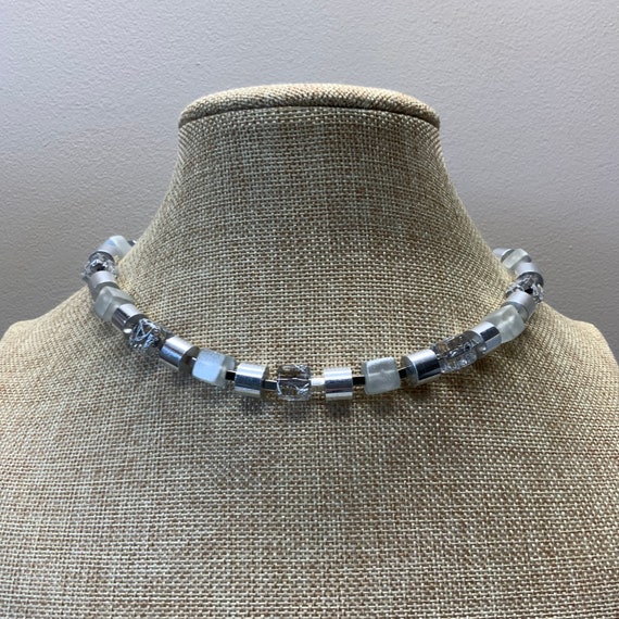 Silver matte glass cube bead necklace - image 1