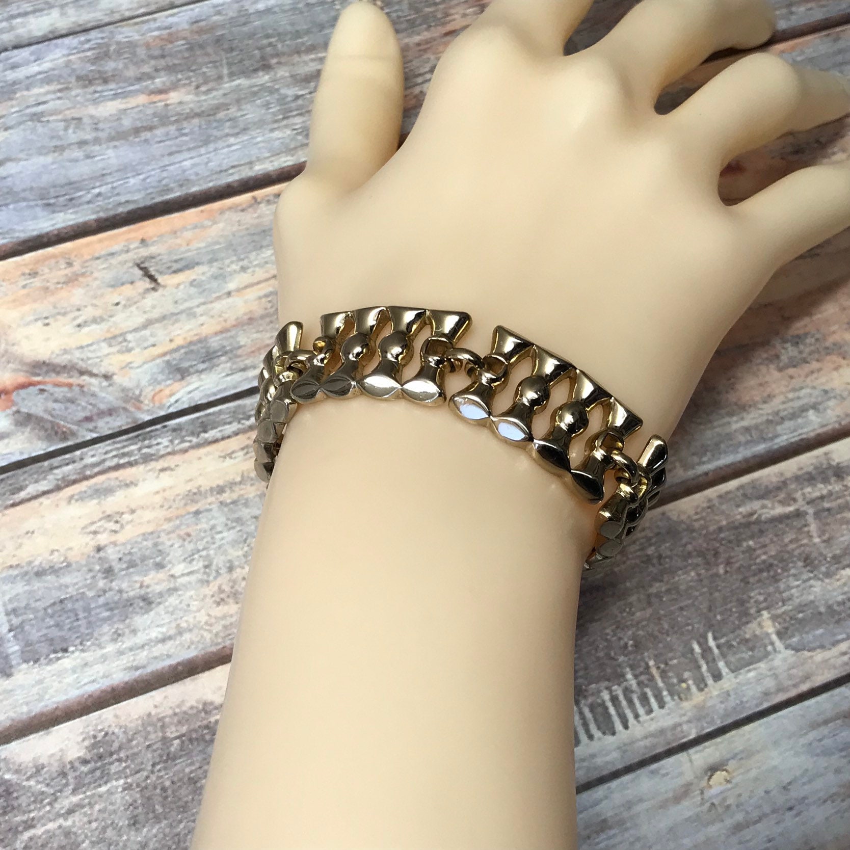 Monet Gold Bar Link Bracelet Vintage Mid Century Modern Chunky