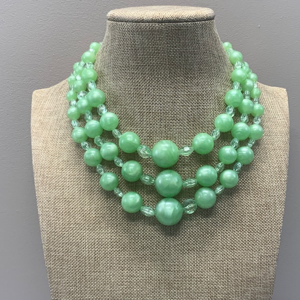 Signed Coro spring green beaded triple strand necklace