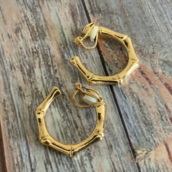 Vintage gold tone clip on bamboo style hoop earri… - image 5